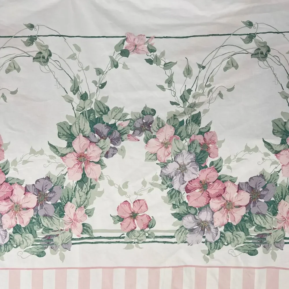 Vintage 90s Cottagecore Floral Pink Stripe Sheet King Flat 1990s Villa De Lyon